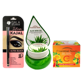 Gala of London Intense Kajal ,Essential SoulsAlover Gel-100gm ,Day Moist (Cream With SPF) Enriched with Vitamin C - 50g